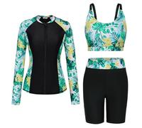 Women Slim Fit Three Piece Set Rashguards for Snorkeling Diving Boarding 50s Elegant Sexy Tankini Sets White Yellow Flower XXL