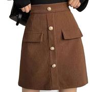 Women Slimming Short Skirts Corduroy Elastic High Waist Wrap Skirt with Button and Pockets Decor Tummy Control Bodycon A-Line Miniskirt for Autumn Winter Brown M