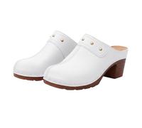 Women Slip On Block Heel Mules Round Toe Backless Chunky Shoes with Stud Details and Contrast Stitching Casual Footwear White