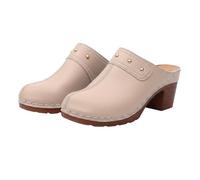 Women Slip On Block Heel Mules Round Toe Backless Chunky Shoes with Stud Details and Contrast Stitching Casual Footwear Beige