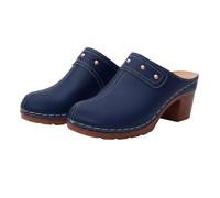 Women Slip On Block Heel Mules Round Toe Backless Chunky Shoes with Stud Details and Contrast Stitching Casual Footwear Navy