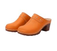 Women Slip On Block Heel Mules Round Toe Backless Chunky Shoes with Stud Details and Contrast Stitching Casual Footwear Orange