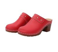 Women Slip On Block Heel Mules Round Toe Backless Chunky Shoes with Stud Details and Contrast Stitching Casual Footwear Red