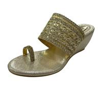 Women Slip-On Sandals Ethnic Wedge Heels Party Casual Shoes Comfortable Traditional Platforms Wedding Footwear, Gold, 4 UK