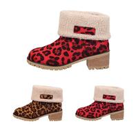 Women Slip On Snow Boots Winter Retro Suede Chunky Low Heel Booties Warm Fur Lined Cheetah Leopard Print Short Boots Thickened Thermal Outdoor Non Slip Ankle Booties Red