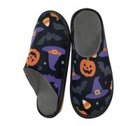 Women Slipper Cartoon Halloween Magic Hats Jack-o'-lanterns and Bats Indoor Slippers For Women Slippers For Women Memory Foam Warm House Slippers For Women Room Slippers 6.5