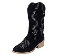 Women Slope Mid Calf Shoes Ladies Winter Wedge Boots Suede Wide Calf Western Booties Riding Cuban Heel Boots Black