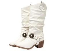 Women Slouch Knee High Western Cowboy Boots Pointed Toe Chunky Block Heel | Vintage Ruched Riding Boots Suede Leather Fringe Bow Buckle Fashion Casual Mid Calf Tall Boots for Autumn Winter