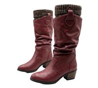 Women Slouch Knee High Western Cowboy Boots Pointed Toe Chunky Block Heel | Vintage Ruched Riding Boots Suede Leather Fringe Bow Buckle Fashion Casual Mid Calf Tall Boots for Autumn Winter