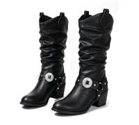 Women Slouch Knee High Western Cowboy Boots Pointed Toe Chunky Block Heel | Vintage Ruched Riding Boots Suede Leather Fringe Bow Buckle Fashion Casual Mid Calf Tall Boots for Autumn Winter