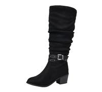Women Slouch Knee High Western Cowboy Boots Pointed Toe Chunky Block Heel | Vintage Ruched Riding Boots Suede Leather Fringe Bow Buckle Fashion Casual Mid Calf Tall Boots for Autumn Winter