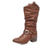 Women Slouch Knee High Western Cowboy Boots Pointed Toe Chunky Block Heel | Vintage Ruched Riding Boots Suede Leather Fringe Bow Buckle Fashion Casual Mid Calf Tall Boots for Autumn Winter