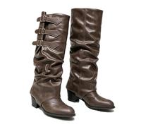 Women Slouch Knee High Western Cowboy Boots Pointed Toe Chunky Block Heel | Vintage Ruched Riding Boots Suede Leather Fringe Bow Buckle Fashion Casual Mid Calf Tall Boots for Autumn Winter