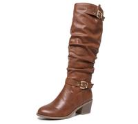 Women Slouch Knee High Western Cowboy Boots Pointed Toe Chunky Block Heel | Vintage Ruched Riding Boots Suede Leather Fringe Bow Buckle Fashion Casual Mid Calf Tall Boots for Autumn Winter