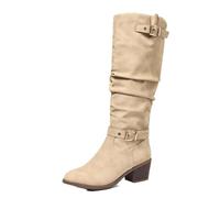 Women Slouch Knee High Western Cowboy Boots Pointed Toe Chunky Block Heel | Vintage Ruched Riding Boots Suede Leather Fringe Bow Buckle Fashion Casual Mid Calf Tall Boots for Autumn Winter
