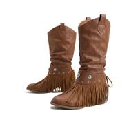 Women Slouch Knee High Western Cowboy Boots Pointed Toe Chunky Block Heel | Vintage Ruched Riding Boots Suede Leather Fringe Bow Buckle Fashion Casual Mid Calf Tall Boots for Autumn Winter