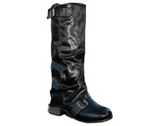 Women Slouchy Knee High Boots Flat Heel Mid Tube Knights Boots Renaissance Cosplay Boot Casual Round Toe Pull On Riding Biker Booties Riding Costume Shoes Black