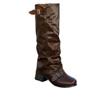 Women Slouchy Knee High Boots Flat Heel Mid Tube Knights Boots Renaissance Cosplay Boot Casual Round Toe Pull On Riding Biker Booties Riding Costume Shoes Brown