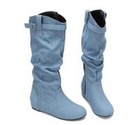 Women Slouchy Knee High Boots Low Wedge Heel Tall Boots | Soft Faux Leather Round Toe Pull On Pleated Height Flat Boots with Side Zipper for Fall Winter Daily Wear Office to Weekend