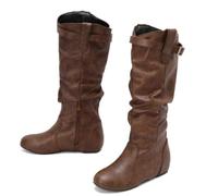 Women Slouchy Knee High Boots Low Wedge Heel Tall Boots | Soft Faux Leather Round Toe Pull On Pleated Height Flat Boots with Side Zipper for Fall Winter Daily Wear Office to Weekend