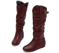 Women Slouchy Knee High Boots Low Wedge Heel Tall Boots | Soft Faux Leather Round Toe Pull On Pleated Height Flat Boots with Side Zipper for Fall Winter Daily Wear Office to Weekend