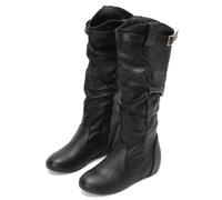 Women Slouchy Knee High Boots Low Wedge Heel Tall Boots | Soft Faux Leather Round Toe Pull On Pleated Height Flat Boots with Side Zipper for Fall Winter Daily Wear Office to Weekend