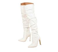 Women Slouchy Thigh High Boots Patent Leather Point Toe Block High Heel Wide Calf Over The Knee Boots with Side Zipper