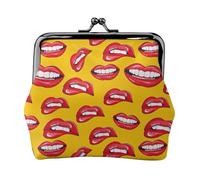 Women Smiling and Biting Her Red Lips Print Fashion Ms Leather Pouch Portable Wallet Kiss-Lock Money Bag Cute Clutch Fo Women