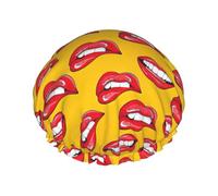 Women Smiling And Biting Her Red Lips Shower Caps For Women, Elastic And Reusable Bath Caps, Double Waterproof Layers Shower Cap, Bathing Shower Caps