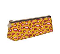 Women Smiling And Biting Her Red Mouth Print Triangle Pencil Case Leather Pen Pouch Cosmetics Bags Desk Stationery Organizer Box Holder For Office Women Men