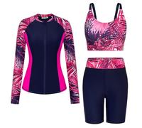 Women Snorkeling Surfing Shirts Swimwear 3 Pieces Bathing Suit Three Piece Swimsuit Set Rose Red Black S