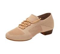 Women Social Dancer Shoes for Beginner Dance ractice Bottom Chunky Block Lowheel Sneaker Slip-On Elegant Breathable Comfortable Mesh Hollow Out Cute Loafer for Tango Latin (Khaki, 4)