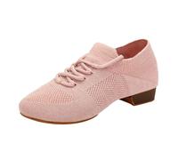Women Social Dancer Shoes for Beginner Dance ractice Bottom Chunky Block Lowheel Sneaker Slip-On Elegant Breathable Comfortable Mesh Hollow Out Cute Loafer for Tango Latin (Pink, 4)