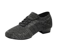 Women Social Dancer Shoes for Beginner Dance ractice Bottom Chunky Block Lowheel Sneaker Slip-On Elegant Breathable Comfortable Mesh Hollow Out Cute Loafer for Tango Latin (Black, 4)