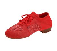 Women Social Dancer Shoes for Beginner Dance ractice Bottom Chunky Block Lowheel Sneaker Slip-On Elegant Breathable Comfortable Mesh Hollow Out Cute Loafer for Tango Latin (Red, 4)