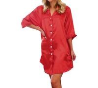 Women Soft Chiffon Nightshirt V-Neck Button Down Nightdress Solid Color Mid Sleeve Nighties Loose Comfy Pajamas Relaxed Nightgown Loose Sleepwear Sexy Loungwear Fashion Curvy Red