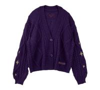 Women Solid Color Cardigans Star Patterned Button Down Knitwear Casual Loose Y2k Sweater Long Sleeves V Neck Jumpers Tops Purple