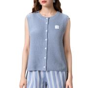 Women Solid Color Casual Knitted Tank Tops Button Down Sleeveless Sweater Shirt Basic Chunky Crochet Cardigan (A-Light Blue, M)