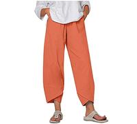 Women Solid Color Cotton Linen Pants Summer Comfy Wide Leg Cropped Trousers Pockets Lounge Loose Fit Capris Pants(Orange,X-Large)