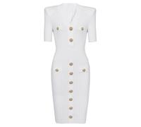 Women Solid Color Gold Button Style Commuter Slimming Knitted Elastic Short Sleeve Dress White S