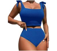 Women Solid Color Knitted Two Piece Swimsuit Backless High Waist Fitted Monokini, Blue, L