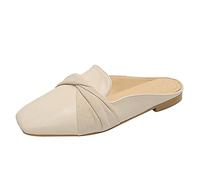 Women Solid Color Leather Round Head Half Slippers Fashion Slip on Walking Shoes Comfortable Flat Casual Single Shoes Closed Toe Non-Slip Lazy People Slippers Beige