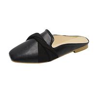 Women Solid Color Leather Round Head Half Slippers Fashion Slip on Walking Shoes Comfortable Flat Casual Single Shoes Closed Toe Non-Slip Lazy People Slippers Black