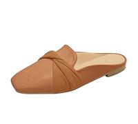 Women Solid Color Leather Round Head Half Slippers Fashion Slip on Walking Shoes Comfortable Flat Casual Single Shoes Closed Toe Non-Slip Lazy People Slippers Brown
