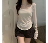 Women Solid Color Long Sleeve Top Irregular Round Neck For Slim Fit Regular Length Shirt For Spring Summer Autumn Winter Casual Daily Home Club Wear Pure Color Polyester Blouse(S White)