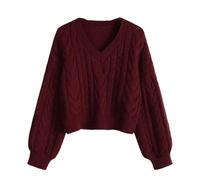 Women Solid Color Sweaters Puff Sleeve Short Loose V-Neck All-Match Knitting Pullover Tops Burgundy S(30-47.5) kg