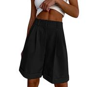 Women Solid Colour Bermuda Chino Shorts High Waist Wide Leg Trousers Y2K Boyfriend Shorts Side Roll up Half Pants Casual Comfy Holiday Summer Beach Pants Ladies Khaki Bottoms