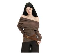 Women Solid Desire Off Shoulder Slash Neck Knitted Slim-Fit Short Pullovers Sweater