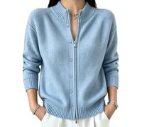 Women Solid Double Zipper Knit Cardigan Loose Fit | Double zipper front, loose fit design, solid color style, soft polyester knit, regular length cut