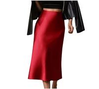 Women Solid High Waist Silky Casual Elastic Satin Midi Skirt Hidden Elasticized Waistband Midi Skirts Long Length Elegant Silk Satin Skirts Flowy Casual A Line Zipper Skirt Sale Clubwear Red 2XL